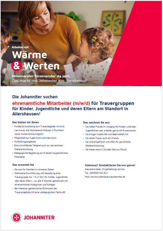 Ehrenamtliche Mitarbeiter (m/w/d) für Trauergruppen für Kinder, Jugendliche und deren Eltern am Standort in Allershausen gesucht!